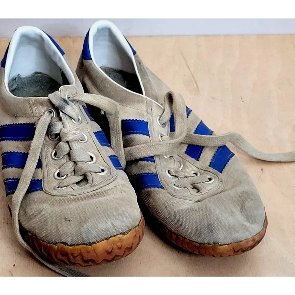 Vintage Adidas Gray Blue Stripes Made in Taiwan Rubber Soles Have Wear